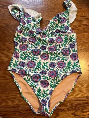 J. Crew Girls' Floral One-Piece Swimsuit in Cream, Green & Pink
